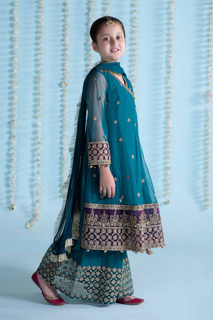 Teal Blue 3 Piece Embroidered Net Suit for Kids