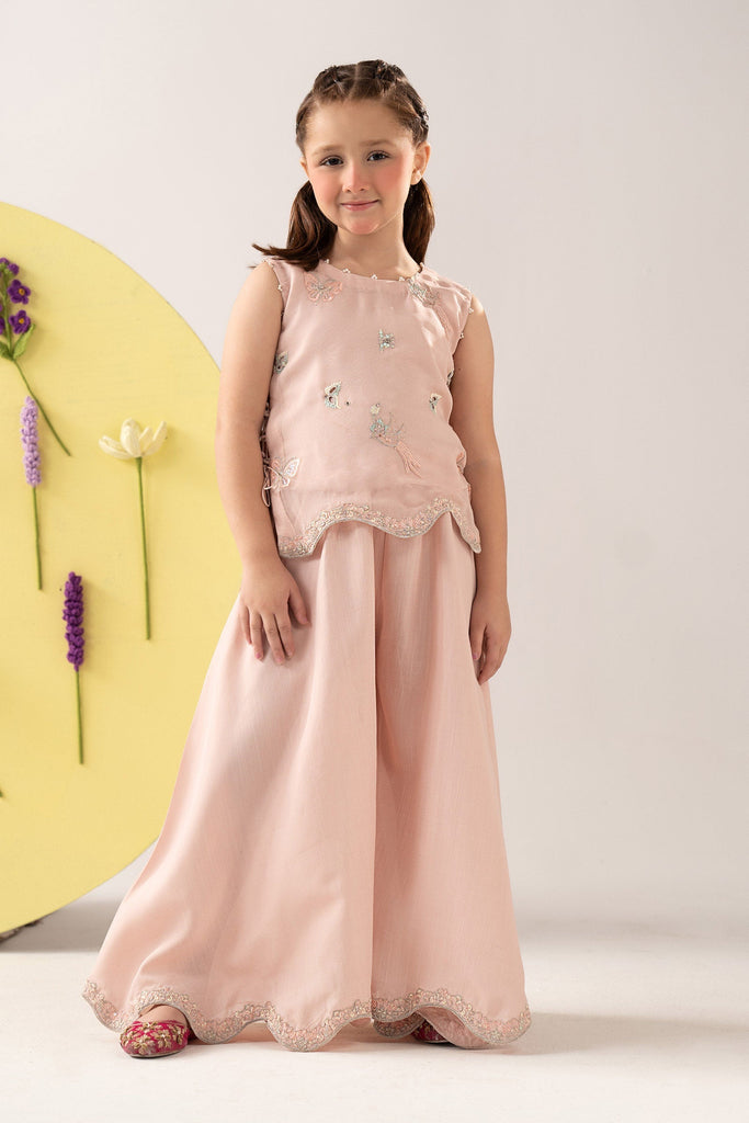 Girls 2 Piece Embroidered Chiffon Suit with Sharara - Pink