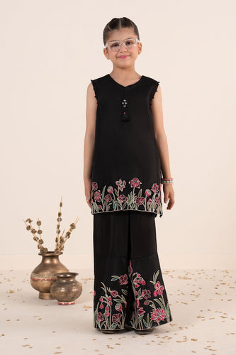 Black 2 Piece Embroidered Organza Suit for Kids