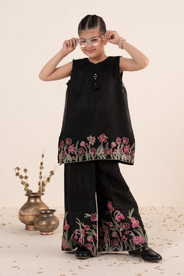 Black 2 Piece Embroidered Organza Suit for Kids