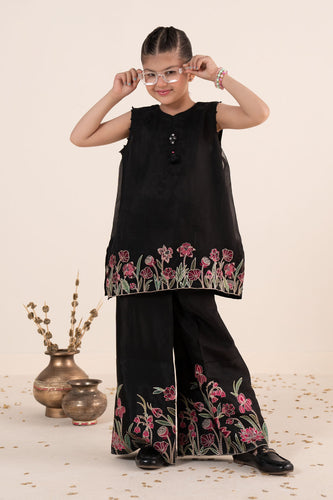 Black 2 Piece Embroidered Organza Suit for Kids