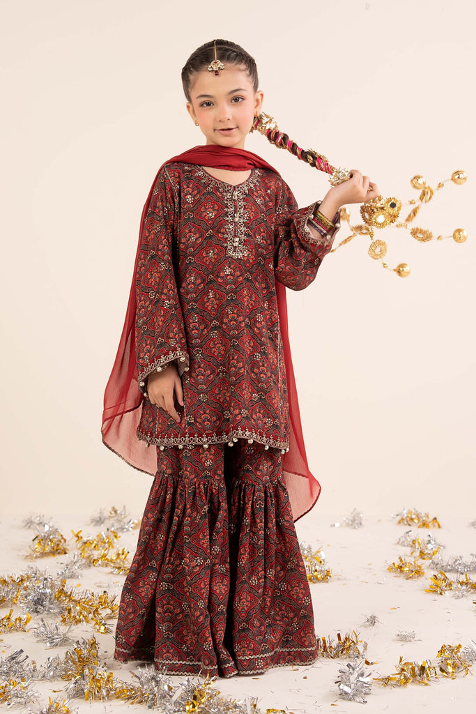 3 Piece Maroon Embroidered Raw Silk Suit
