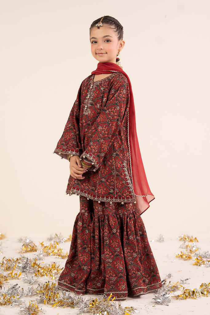 3 Piece Maroon Embroidered Raw Silk Suit