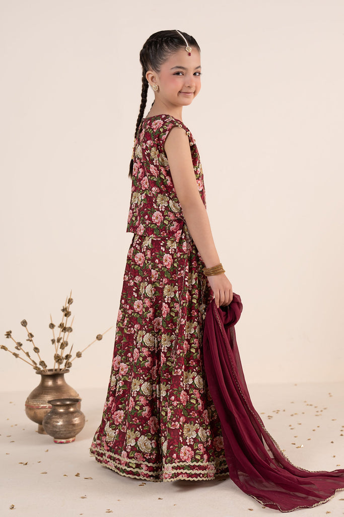Maroon 3 Piece Embroidered Raw Silk Suit for Kids