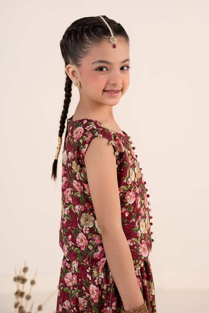 Maroon 3 Piece Embroidered Raw Silk Suit for Kids