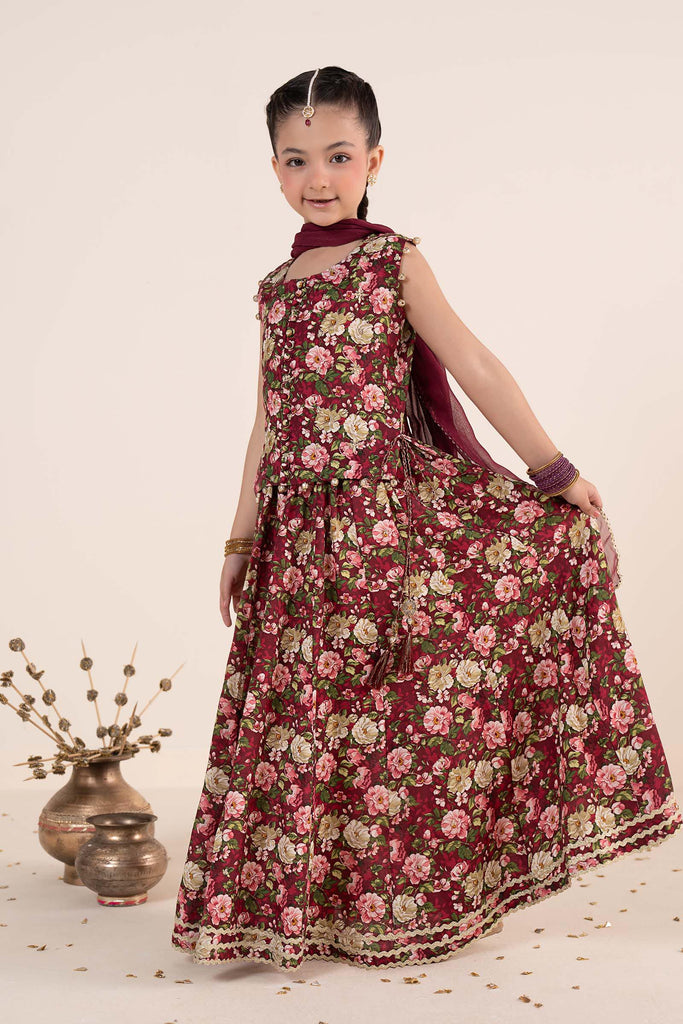 Maroon 3 Piece Embroidered Raw Silk Suit for Kids