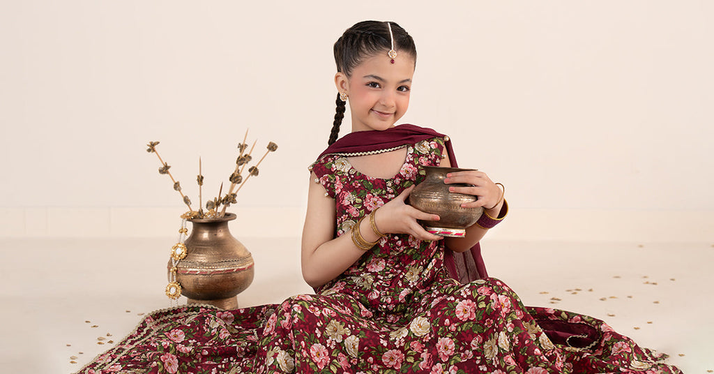 Maroon 3 Piece Embroidered Raw Silk Suit for Kids