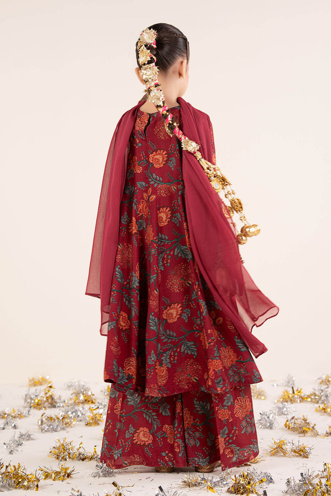 Kids Maroon 3 Piece Raw Silk Embroidered Suit