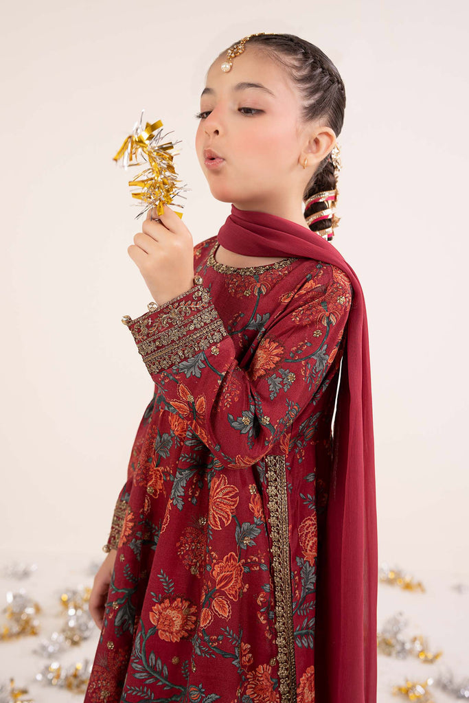 Kids Maroon 3 Piece Raw Silk Embroidered Suit