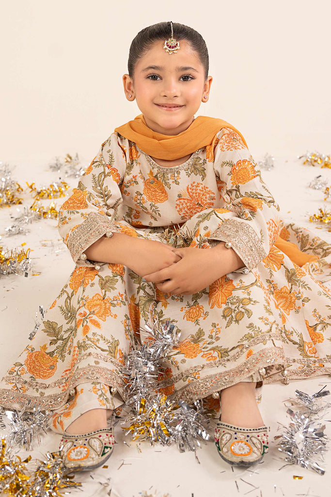 Raw Silk 3 Piece Embroidered Suit for Girls - Off White