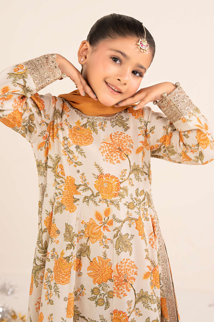 Raw Silk 3 Piece Embroidered Suit for Girls - Off White