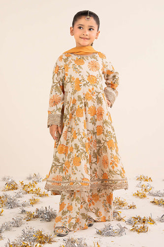 Raw Silk 3 Piece Embroidered Suit for Girls - Off White