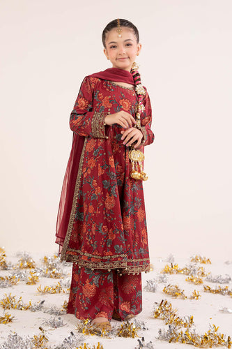 Kids Maroon 3 Piece Raw Silk Embroidered Suit