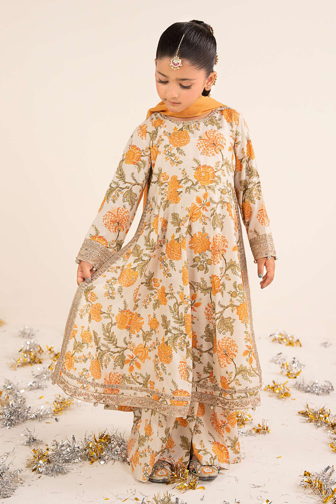 Raw Silk 3 Piece Embroidered Suit for Girls - Off White