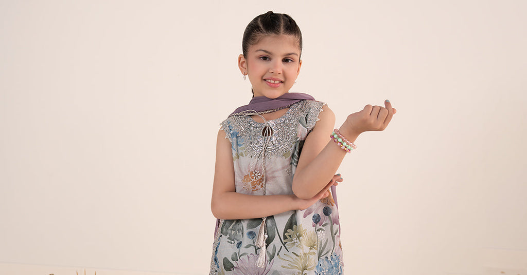 Ice Blue 3 Piece Embroidered Paper Cotton Suit for Kids