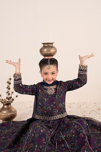 Navy Blue 3 Piece Embroidered Raw Silk Suit for Kids