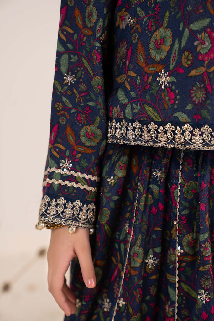 Navy Blue 3 Piece Embroidered Raw Silk Suit for Kids