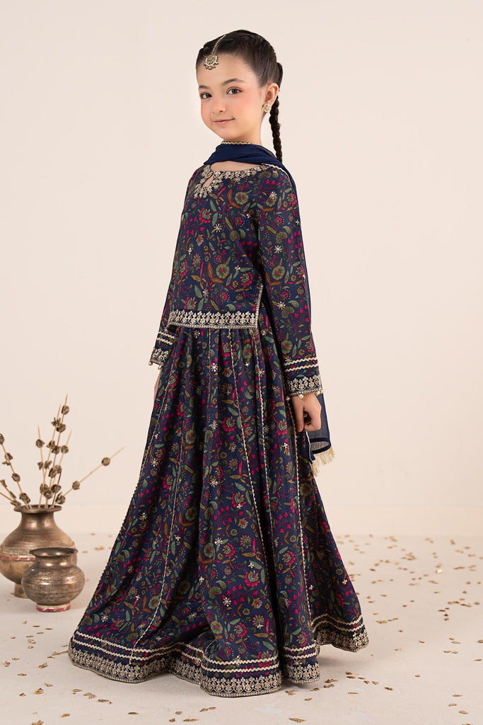 Navy Blue 3 Piece Embroidered Raw Silk Suit for Kids