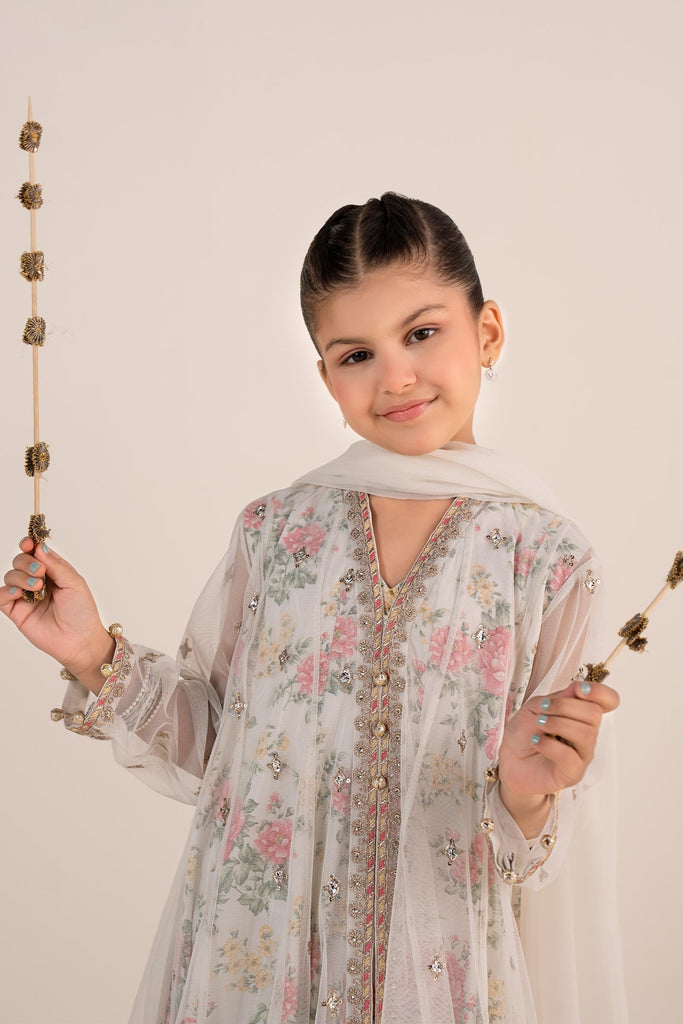 Off-White 4 Piece Embroidered Net Suit for Girls