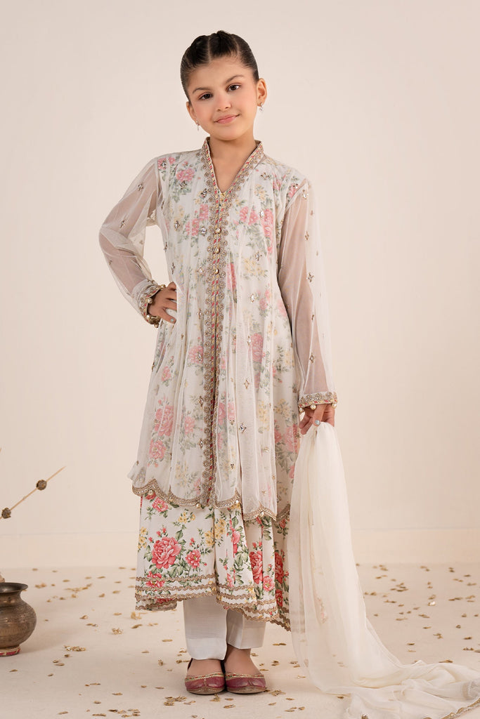 Off-White 4 Piece Embroidered Net Suit for Girls