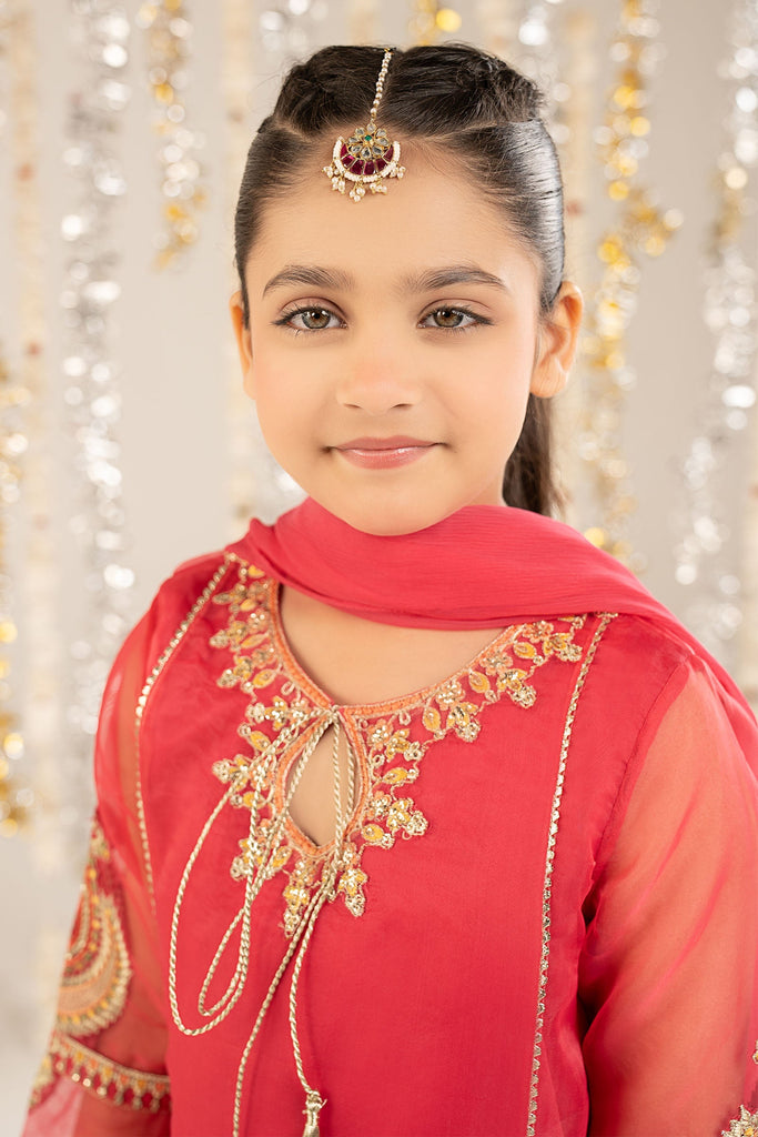 Kids 2 Piece Self Organza Shirt with Gharara - Pink
