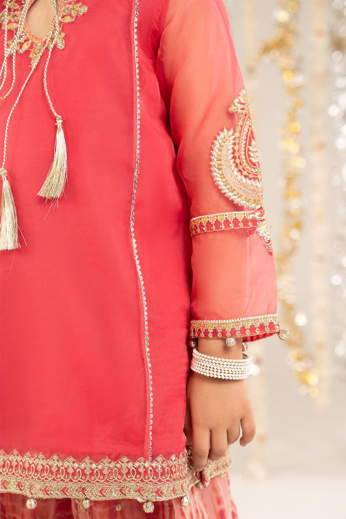 Kids 2 Piece Self Organza Shirt with Gharara - Pink