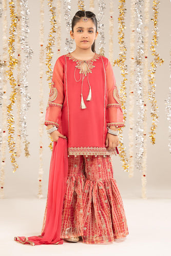 Kids 2 Piece Self Organza Shirt with Gharara - Pink