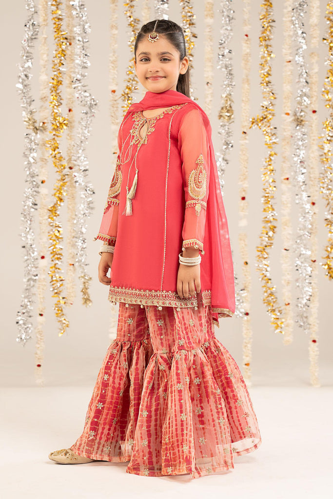 Kids 2 Piece Self Organza Shirt with Gharara - Pink