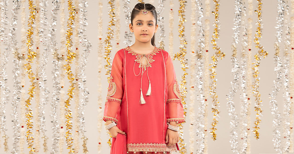 Kids 2 Piece Self Organza Shirt with Gharara - Pink