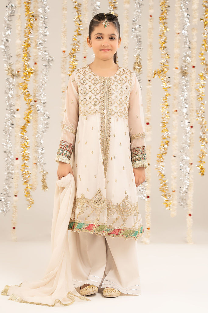Kids 2 Piece Embroidered Poly Organza Frock - White