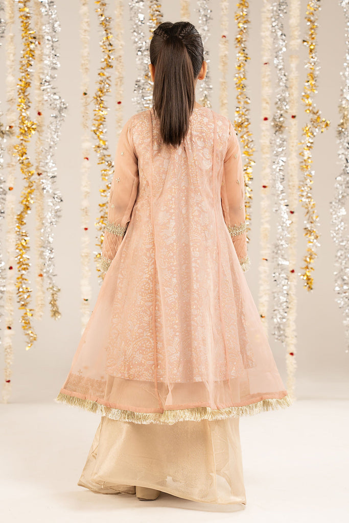 Kids 2 Piece Embroidered Organza Frock Suit - Pink
