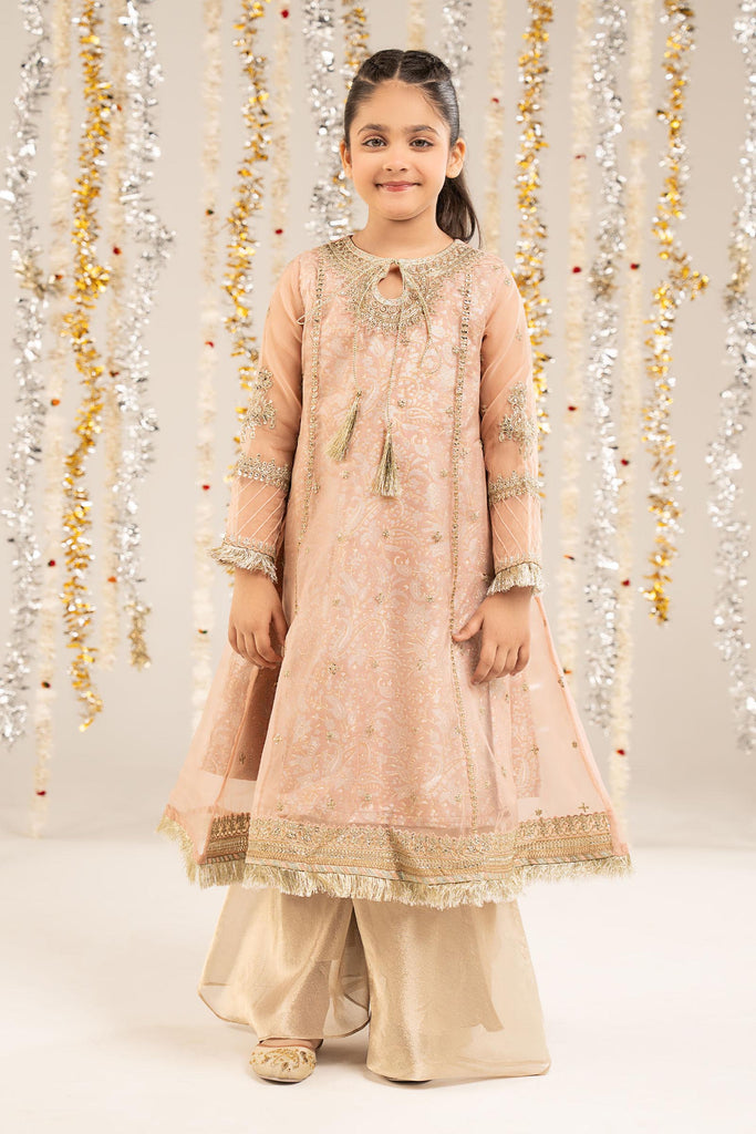 Kids 2 Piece Embroidered Organza Frock Suit - Pink