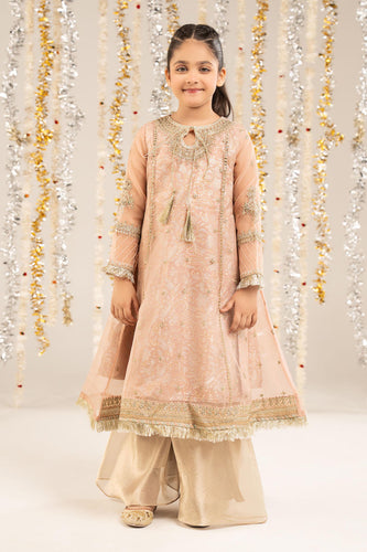 Kids 2 Piece Embroidered Organza Frock Suit - Pink