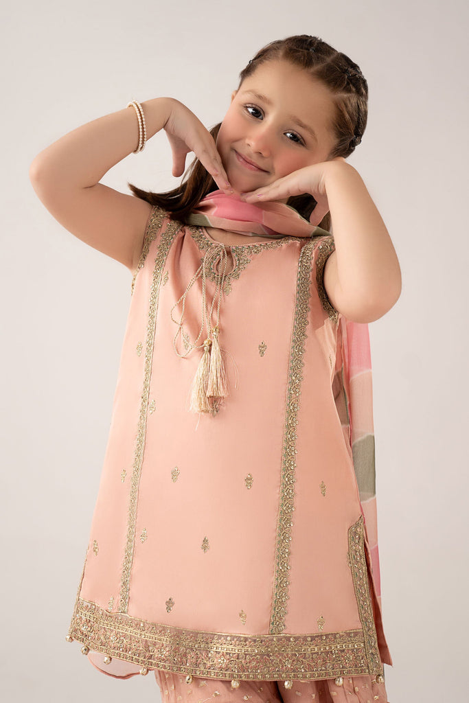 Cotton Satin 3 Piece Embroidered Suit for Girls - Pink