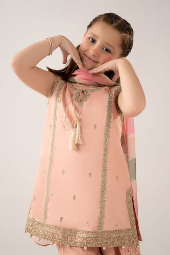 Cotton Satin 3 Piece Embroidered Suit for Girls - Pink