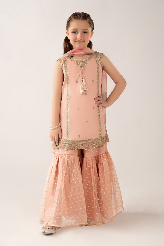 Cotton Satin 3 Piece Embroidered Suit for Girls - Pink