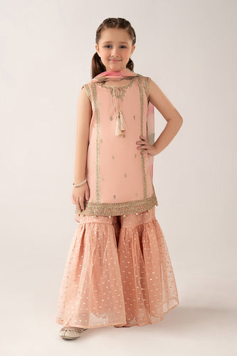 Cotton Satin 3 Piece Embroidered Suit for Girls - Pink