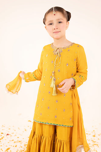 Yellow 3 Piece Embroidered Cotton Net Suit