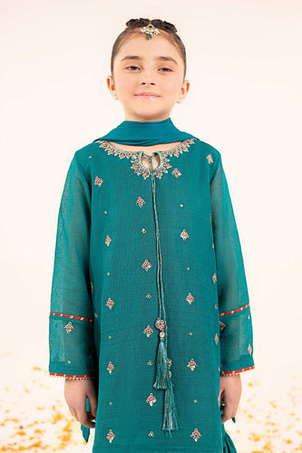 Girls Cotton Net Gharara 3 Piece Embroidered Suit - Green