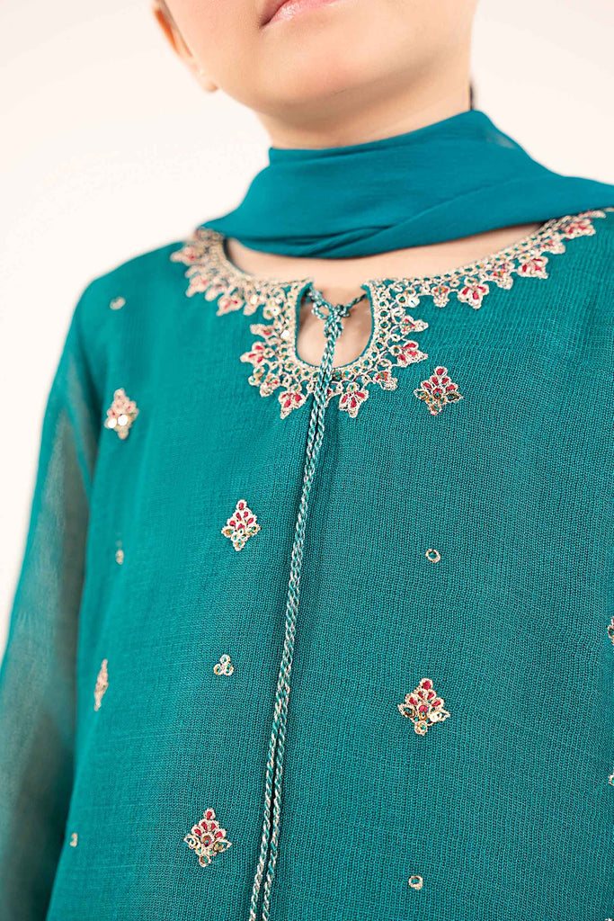 Girls Cotton Net Gharara 3 Piece Embroidered Suit - Green