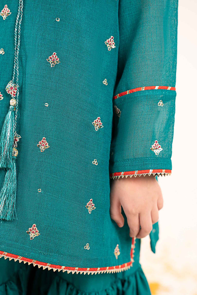 Girls Cotton Net Gharara 3 Piece Embroidered Suit - Green