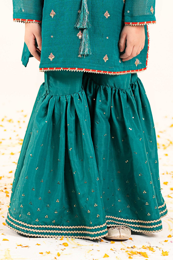 Girls Cotton Net Gharara 3 Piece Embroidered Suit - Green