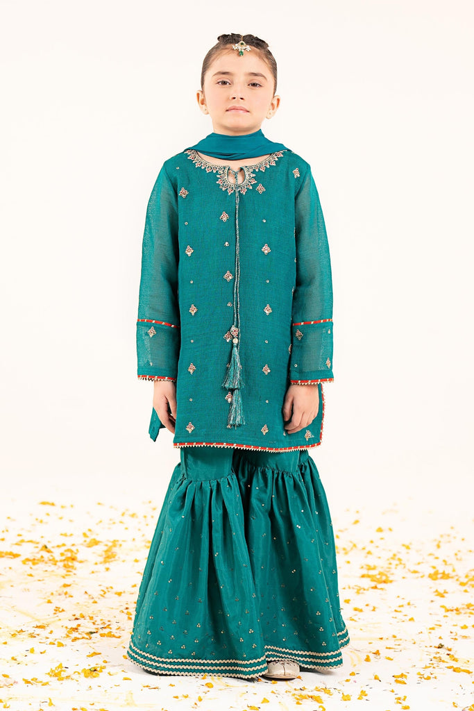 Girls Cotton Net Gharara 3 Piece Embroidered Suit - Green