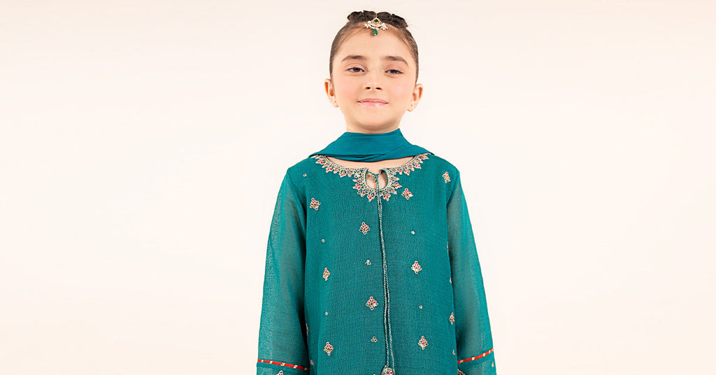 Girls Cotton Net Gharara 3 Piece Embroidered Suit - Green