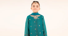 Load image into Gallery viewer, Girls Cotton Net Gharara 3 Piece Embroidered Suit - Green