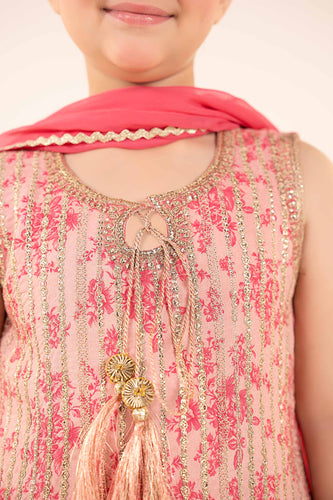 Girls 3 Piece Embroidered Raw Silk Suit with Plazo - Pink