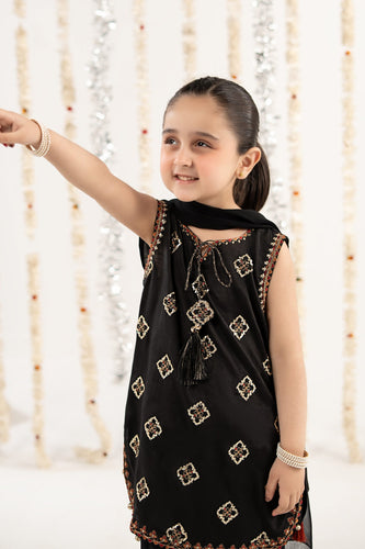 Kids 3 Piece Embroidered Raw Silk Suit - Black
