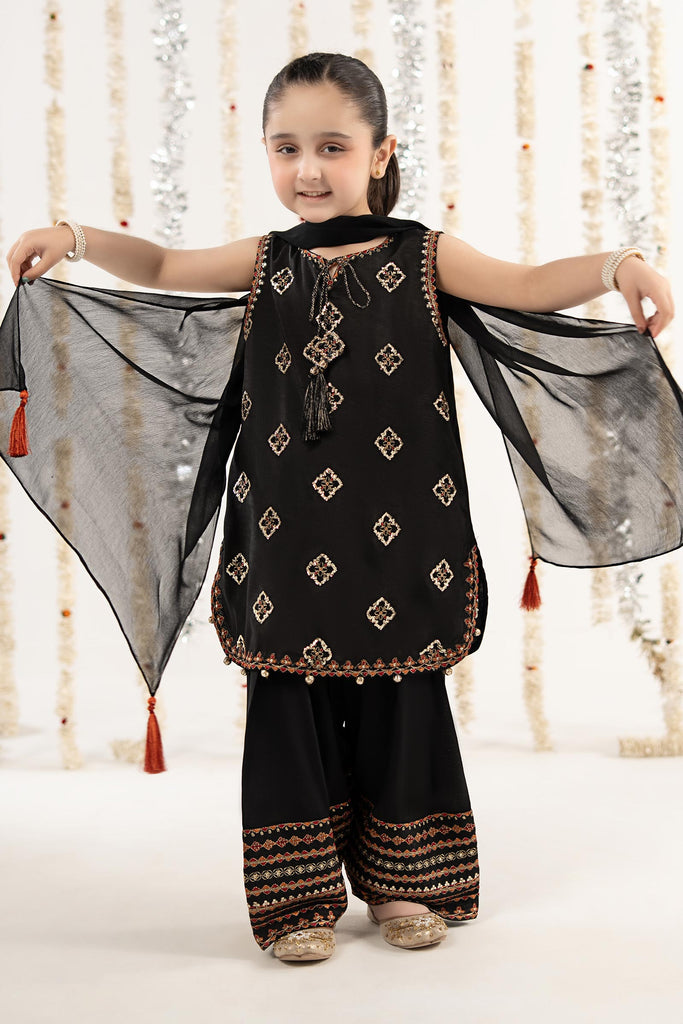 Kids 3 Piece Embroidered Raw Silk Suit - Black