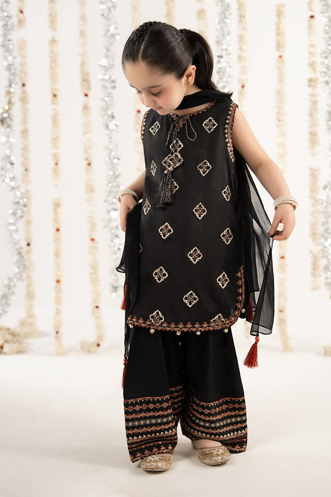 Kids 3 Piece Embroidered Raw Silk Suit - Black