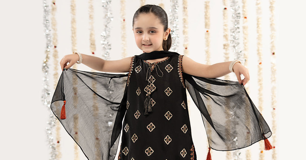Kids 3 Piece Embroidered Raw Silk Suit - Black